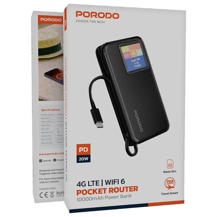 پاوربانک پرودو مدل PDPBFCH087 ظرفیت ۱۰ هزار با مودم جیبی ۴G LTE